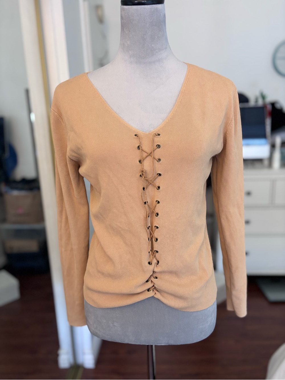 Lace-Up V-Neck Long Sleeve Top - Camel